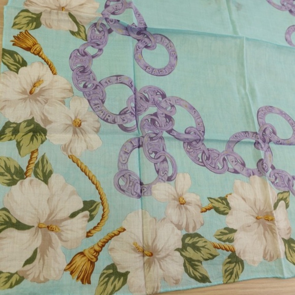 90s VTG CELINE Paris Handkerchief Blue Hibiscus Chain Link Scarf AUTH Luxe 20x19 - Picture 8 of 13
